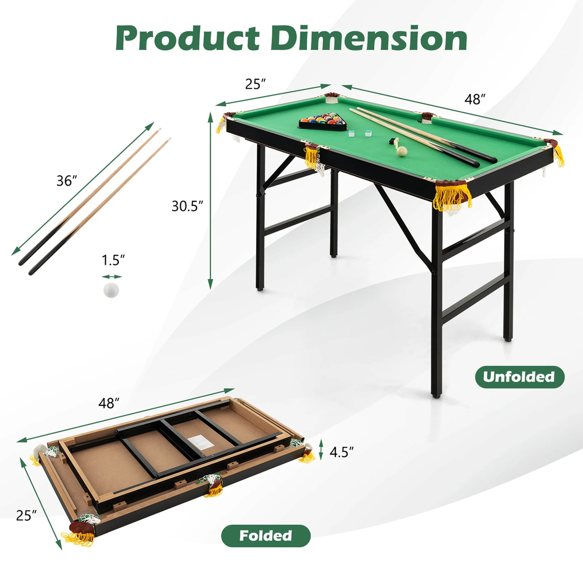 47" Folding Billiard Table Pool Game Table for Kids W/ Cues & Chalk & Brush