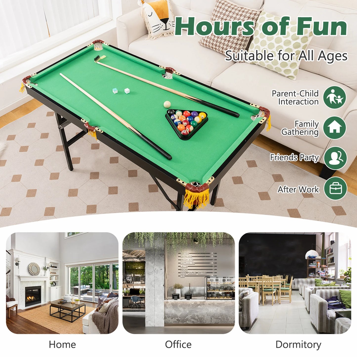 47" Folding Billiard Table Pool Game Table for Kids W/ Cues & Chalk & Brush
