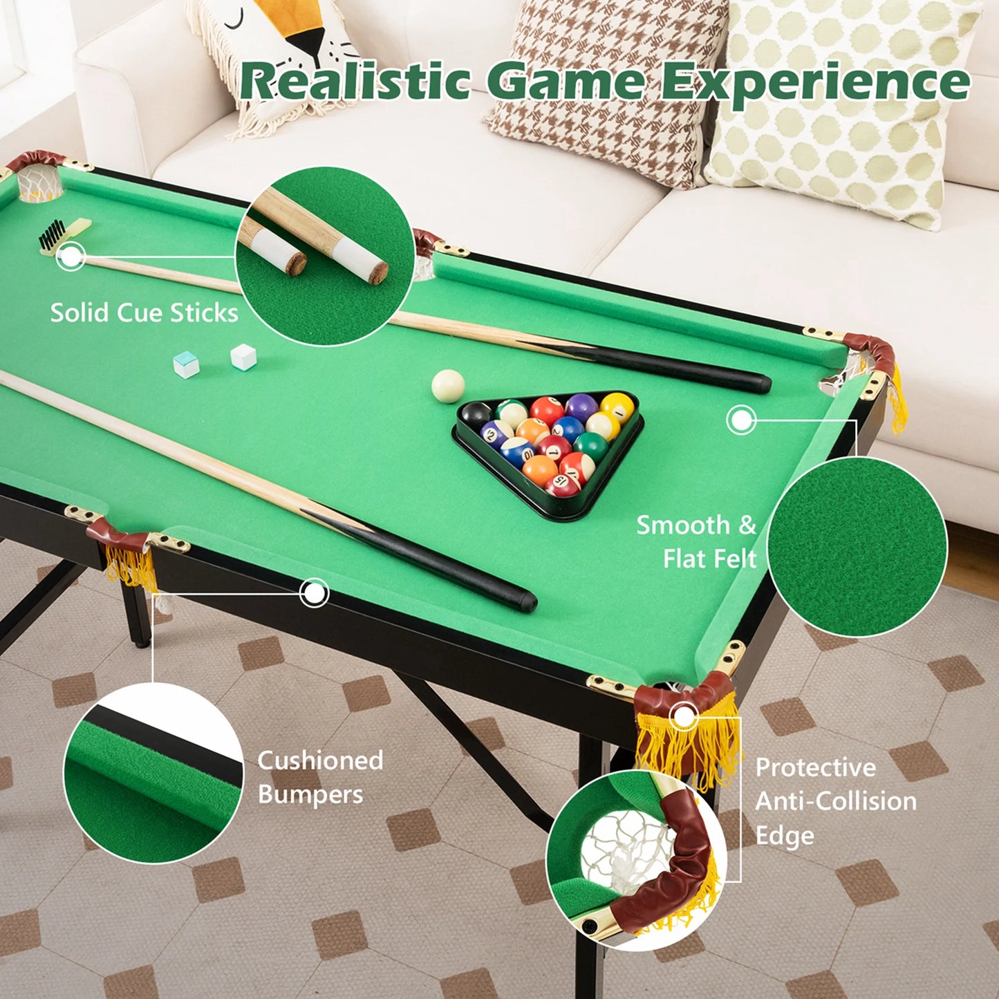47" Folding Billiard Table Pool Game Table for Kids W/ Cues & Chalk & Brush
